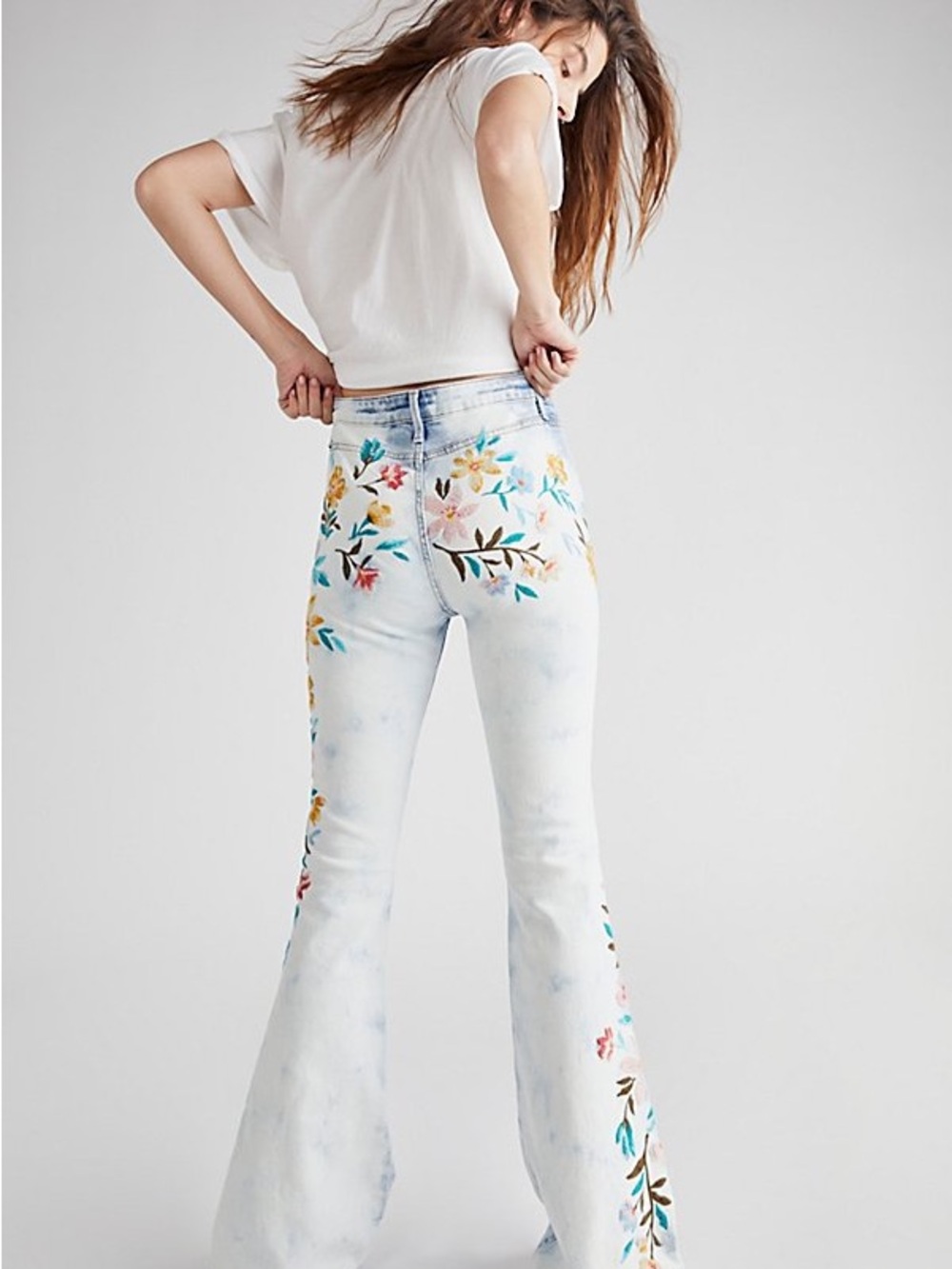 Free People x Driftwood Farrah floral Embroidered Flare Jeans NWT